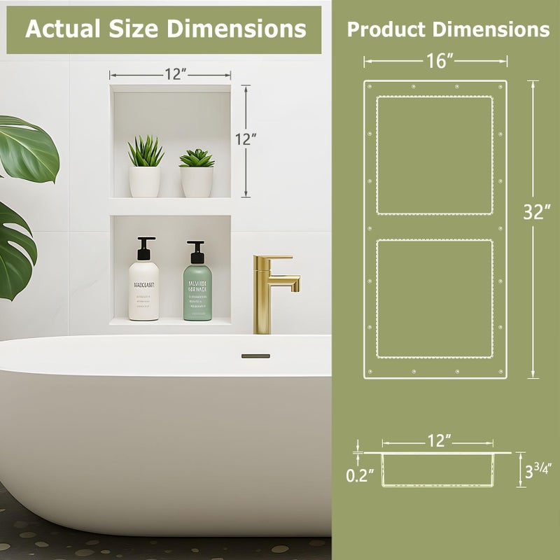 Suteck 32" x 16" Double Shelf Shower Niche Ready for Tile Waterproof Leak-Proof Bathroom Indoor Recessed Niche Storage Washing Toiletries Bottles - Image 2